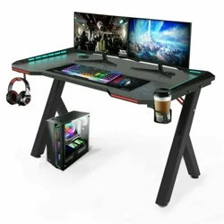 Spillbord PC Datamaskin Gamer Skrivebord Ergonomisk arbeidsstasjon med RGB LED-lys Hodetelefonkrok Koppholder for hjemmekontorer