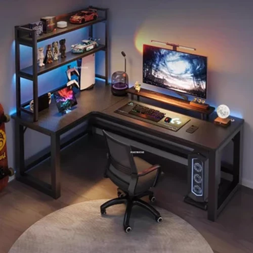 Nordic Corner Computer Desks Office Furniture Modern Internet Cafe Double Gaming Desk Home Office Desk with Bookshelf Integrated