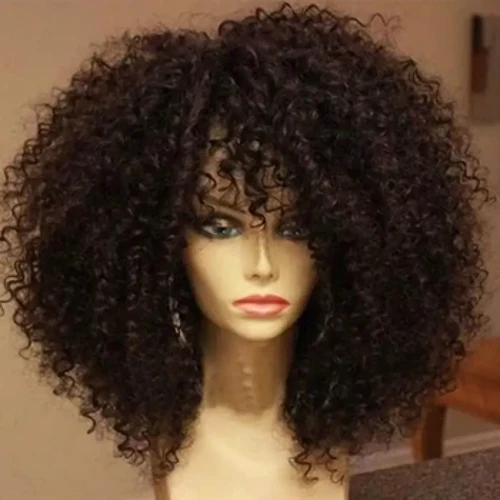 Wigiau gwallt cyrliog 16 modfedd Afro Kinky Gyda Bangs Ffibr Synthetig Meddal blewog Dim Lace Wigiau Ar gyfer Cosplay Parti Defnydd Dyddiol