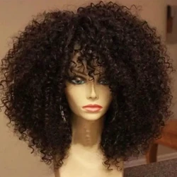 Wigiau gwallt cyrliog 16 modfedd Afro Kinky Gyda Bangs Ffibr Synthetig Meddal blewog Dim Lace Wigiau Ar gyfer Cosplay Parti Defnydd Dyddiol