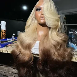 OmBre blonda spetsperuker för kvinnor Highlight Syntetisk spets frontperuker 13X4 lång kroppsvåg förplockad med babyhår långa fibrer