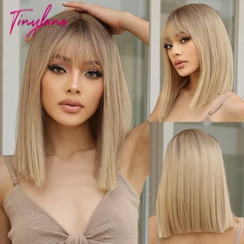 Byr Syth Bob Grey Ash Blonde Synthetig Wigiau gyda Bangs Naturiol Blunt Cut Gwallt Wig ar gyfer Merched Gwyn Dyddiol Gwrthiannol Gwres