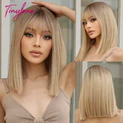 Wigs Shintéiseacha Blonde Gearr Dhíreach Bob Grey Fuinseog le Bangs Nádúrtha Blunt Gearr Gruaige Wig do Mhná Bán Frithsheasmhach in aghaidh Teasa Laethúla