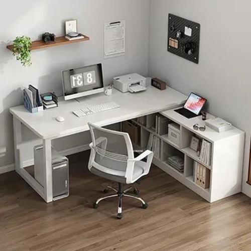 Scrivania per computer nordica in legno Tavolo per computer a forma di L Scaffale per libri Scrivania per studenti integrata con scrivanie da gioco angolari