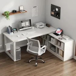 Bureau d'ordinateur nordique en bois en forme de L, bibliothèque intégrée, bureau d'écriture pour étudiant avec armoire, bureaux de jeu d'angle