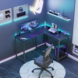 Mesa de jogos em forma de L, mesa, comprimento de computador, móveis pretos, móveis de mesa