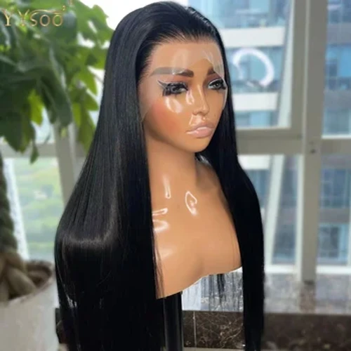 ʻO YYsoo Long Black Futura Synthetic Hair 13x4 Glueless Lace Front Wigs No nā Wahine ʻEleʻele i ʻohi ʻia ma mua o ka ʻokiʻoki ʻana i ka ʻāpana ʻāpana lima.