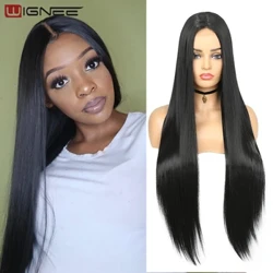Wig Syth Hir Wig 30 Modfedd Wig Du Rhan Ganol Lace Wigiau Gyda Goleuadau Uchel Wigiau Gwallt Synthetig Ar gyfer Cosplay Merched Du