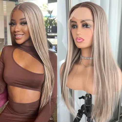 Highlight Blond Platin Straight Spëtze Front Perück Synthetesch Hoer fir Fraen Glueless Spëtze Frontal Perück Pre-gepluckt Blond faarweg