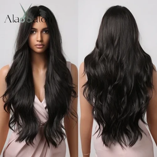 ALAN EATON-perruque synthétique ondulée noire longue pour femmes, cheveux Afro naturels noirs, partie centrale en Fiber résistante à la chaleur, usage quotidien