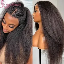 Kinky reta resistente ao calor cabelo sem cola 13x6 perucas dianteiras do laço preplucked fibra de cabelo sintético 13x6 perucas do laço com cabelo do bebê