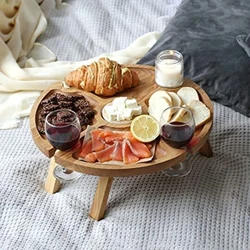 Udendørs sammenklappeligt picnicbord i træ Rundt sammenfoldeligt skrivebord Vinglasstativ Sammenklappeligt bord til havefest