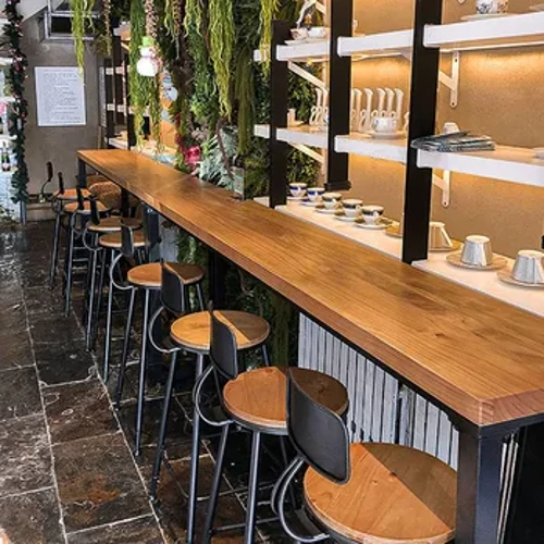 Mesa de bar de madeira maciça americana personalizada para casa, varanda simples, janela de parede, mesa longa estreita, mesa alta e cadeiras