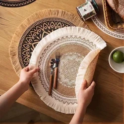Masă rotundă din pânză de iuta țesute, cu franjuri, rogojini de epocă, petreceri, fermă, grătar, Crăciun, sărbători, masă de zi cu zi