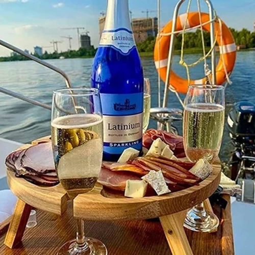 Udendørs sammenklappeligt picnicbord i træ Rundt sammenfoldeligt skrivebord Vinglasstativ Sammenklappeligt bord til havefest