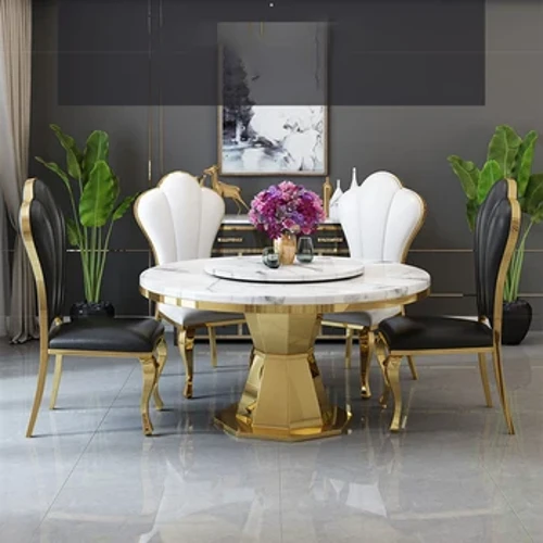 MANBAS Juego de comedor de acero inoxidable, muebles para el hogar, mesa de comedor moderna de mármol redondo y 4 sillas para juego de cena de cocina