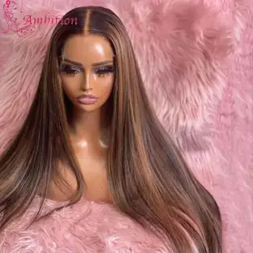 Hoogtepunt Kleur Hittebestendig Haar Lijmloze Kanten Voorkant Pruik Pre geplukt Synthetische haarvezel Rechte 13x6 Pruiken met babyhaar