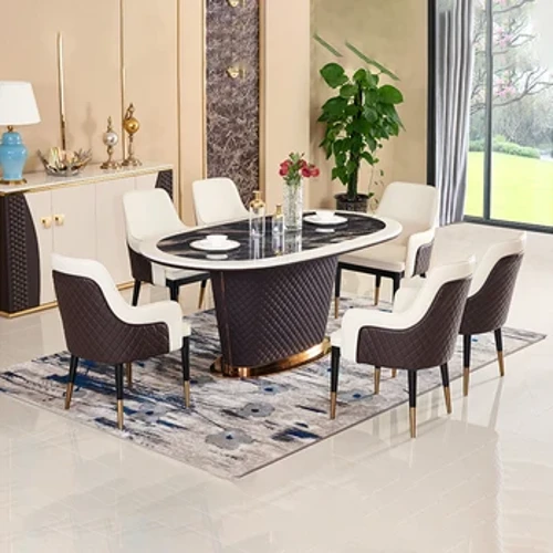 Juego de comedor MINGDIBAO: sillas de cuero genuino y mesa rectangular de mármol con acero inoxidable y cuero