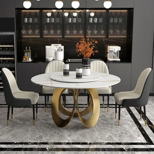 LINLAMLIM Stainless Steel Dining Table with Sintered Stone Top and 4 Genuine Leather Chairs for Dining Room Mordern Home Kitchen