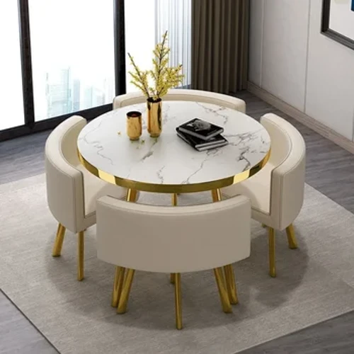 Marmer Ronn 80cm Iessdëscher Set 4 Still Modern Zentrum Holz Dësch Luxus Wäiss Appartement Miwwelen