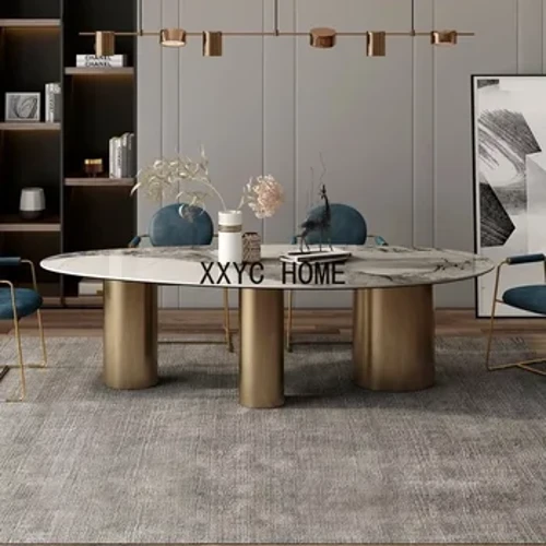 Sự kết hợp bàn ghế ăn bằng đá phiến hình bầu dục sáng của Ý cho gia đình lớn Bàn bếp tối giản hiện đại nhẹ nhàng sang trọng