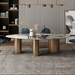 Italian Bright Oval Slate Dining Table At Kumbinasyon ng Upuan Para sa Malaking Pamilya Modern Minimalist Light Luxury Villa Kitchen Table