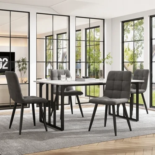 Spisegruppe (5-delt), spisebord med 4 stolesæt, 140x80cm Køkkenbord med sorte metalben, Hvid MDF skrivebord
