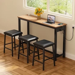 Dining Table at Chair Set,1 Table at 3 Upuan, Lounge Chair na may Apat na Metal Legs, Rechargeable Dining Table, Oak + Black