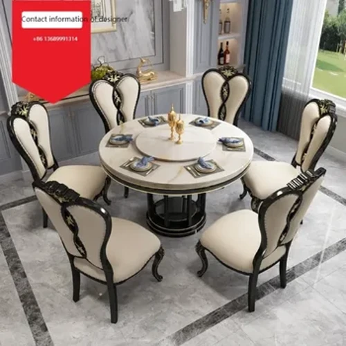 Bàn tròn gỗ nguyên khối nhẹ sang trọng kiểu Mỹ sang trọng bằng gỗ mun Bàn ghế ăn đá cẩm thạch châu Âu kết hợp 6 người