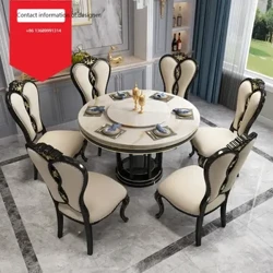 American light luxury solid wood round table luxury ebony European marble dining table and chair combination 6-person