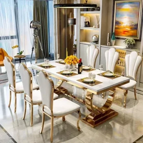 Neue 2024 Möbel Marmor Esstisch Set Restaurant Gold Metall Luxus Esstisch mit 6 Stühlen zu verkaufen