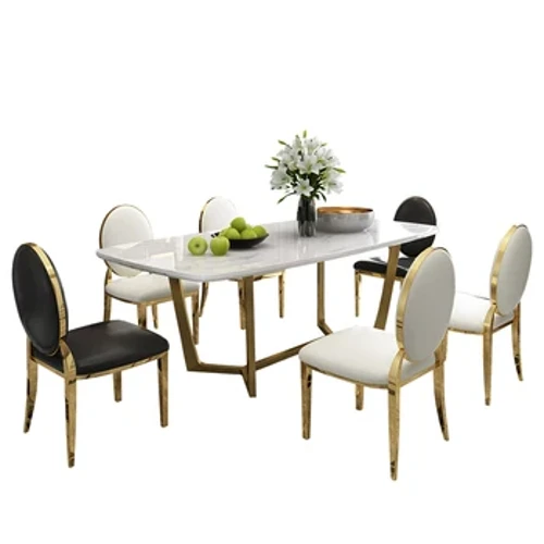 designový jedinečný nový nerezový zlatý jídelní set s mramorovým stolem a 6 koženými židlemi mesa de jantar muebles comedor