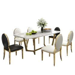 dylunydd ystafell fwyta euraidd dur gwrthstaen newydd unigryw wedi'i gosod gyda bwrdd marmor a 6 chadair lledr mesa de jantar muebles comedor