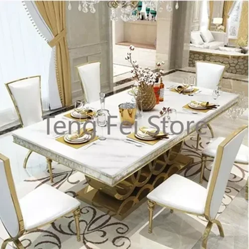 Post Modern Marble Dining Table Sets Mga upuan Kumbinasyon Hindi kinakalawang na Asero Apartment Golden Carved Mesa Comedor Home Furniture WK