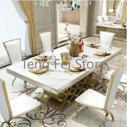 Hậu Hiện Đại Đá Cẩm Thạch Bộ Bàn Ăn Ghế Kết Hợp Thép Không Gỉ Căn Hộ Chạm Khắc Vàng Mesa Comedor Nội Thất Gia Đình WK