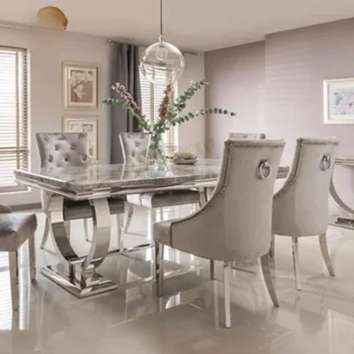Ny Hot Sale Restaurangmöbler Metall Matsalsset Matbordsset Marmormatbord med 6 stolar