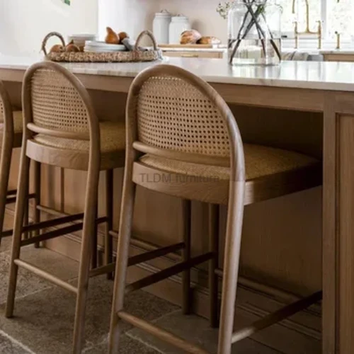 Noho ʻai ʻai ʻo Nordic i ulana ʻia ʻo Rattan Bar Stool Home Luxury Bar Chair Nā noho ʻai maʻamau o Modern Minimalist Ash Wood High Stool Reception Chair