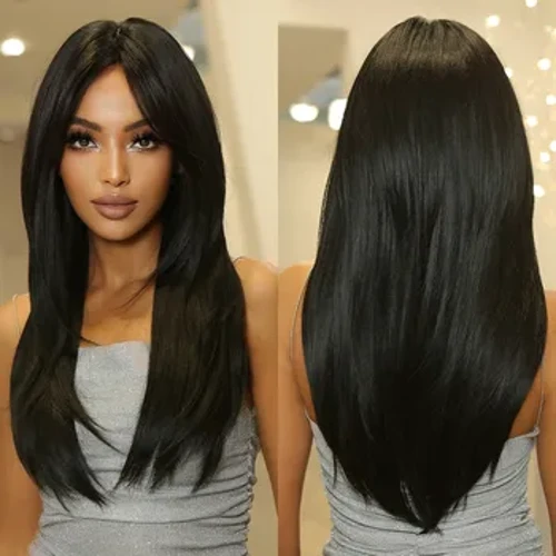 Wig Sintetis Berlapis Hitam Gelap dengan Poni Panjang Rambut Lurus Alami Wig untuk Wanita Kulit Hitam Cosplay Harian Serat Tahan Panas