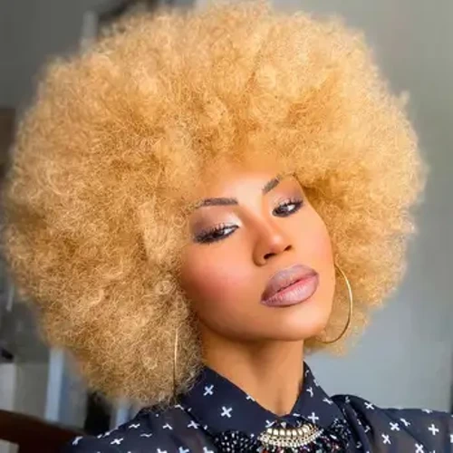 Qora ayollar uchun qisqa sintetik afro peruklar afrikalik qora pushti momiq yumshoq Cosplay tabiiy sochli afro jingalak jingalak sochlari portlash bilan