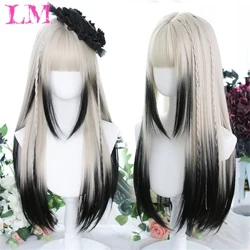 LM, weiße, Ombre-schwarze Synthetikperücke für Frauen, lange, gewellte Perücken mit Pony Hitzebeständiges Haar für Cosplay-Partys