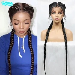 36 modfedd o hir Lace flaen Synthetig plethedig wigiau Lace blaen Iseldireg efeilliaid Braids Wig Gyda Babi Gwallt ar gyfer Merched Du
