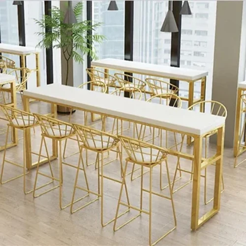Meja Bar lan Kursi Bar Kayu Solid Modern, Set Meja Bar lan Kursi Besi Tempa Panjang Emas
