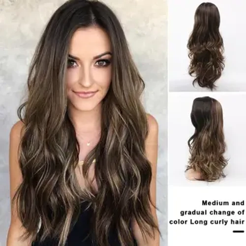Highlight Wig Center-Parted Brown Long Wavy Curly Wig Long-Lasting Full Lace Caps Hair Synthetic Wig Para sa Babae Araw-araw na Paggamit