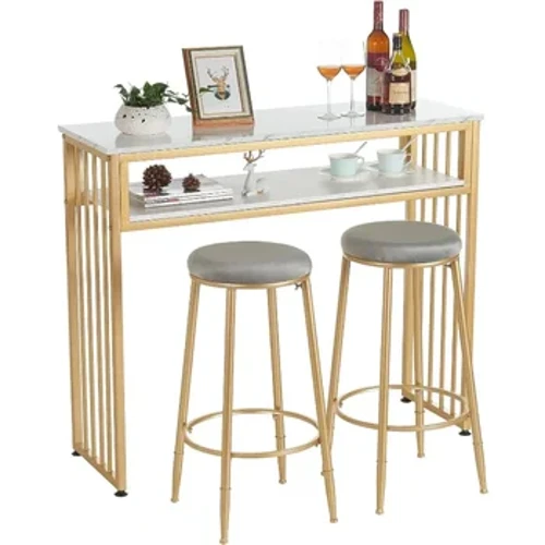 Gold Bar Table, High Top Pub Tables for Kitchen, Modern Dinning Table with Open Storage Shelf, Liquor  Unit