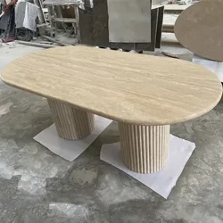 Trang trí nội thất Bàn đá hình bầu dục Cava Fluted Bàn ăn bằng đá cẩm thạch Travertine màu be với đế Tavertine