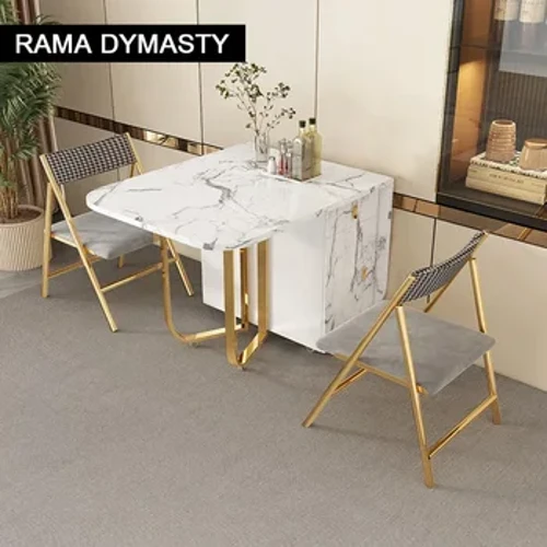 Table à manger pliante mobile avec support de rangement et 2 tiroirs, table de cuisine polyvalente extensible et chaises de salle à manger pliantes en métal