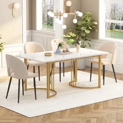 Meja makan 140 x 80cm,(1-st), bingkai logam Meja makan persegi panjang pola marmer modern Meja pawon, putih/emas