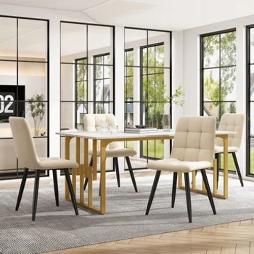 Bàn ăn 140 x 80cm,(1), Bàn bếp, Khung kim loại độc đáo Bàn ăn hình chữ nhật họa tiết đá cẩm thạch hiện đại, màu trắng/vàng