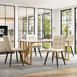 Bàn ăn 140 x 80cm,(1), Bàn bếp, Khung kim loại độc đáo Bàn ăn hình chữ nhật họa tiết đá cẩm thạch hiện đại, màu trắng/vàng