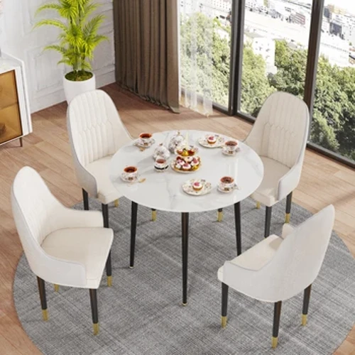 Tavolo da pranzo rotondo in pietra sinterizzata da 81 cm, tavolino da ricevimento rotondo per 2-4 persone - Piccolo tavolo da cucina con gambe in metallo nero